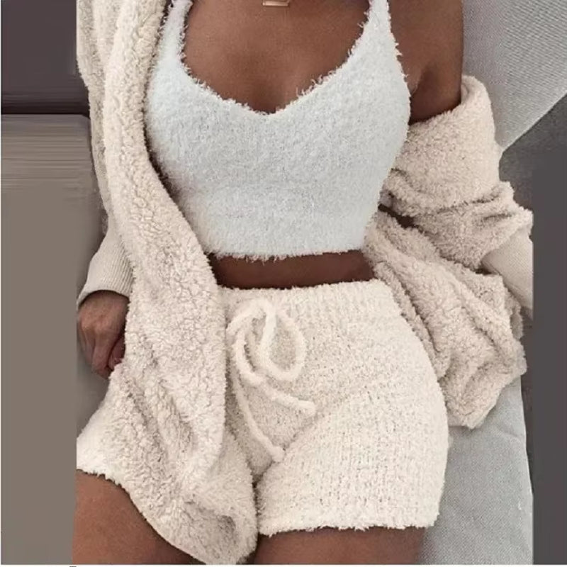 Cozy Knit 3 Pieces Set Fluffy Pajamas Women Casual Sleepwear Tank Top and Shorts plus Size Hoodie Leisure Homsuit Winter Pijamas