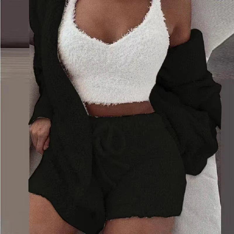 Cozy Knit 3 Pieces Set Fluffy Pajamas Women Casual Sleepwear Tank Top and Shorts plus Size Hoodie Leisure Homsuit Winter Pijamas