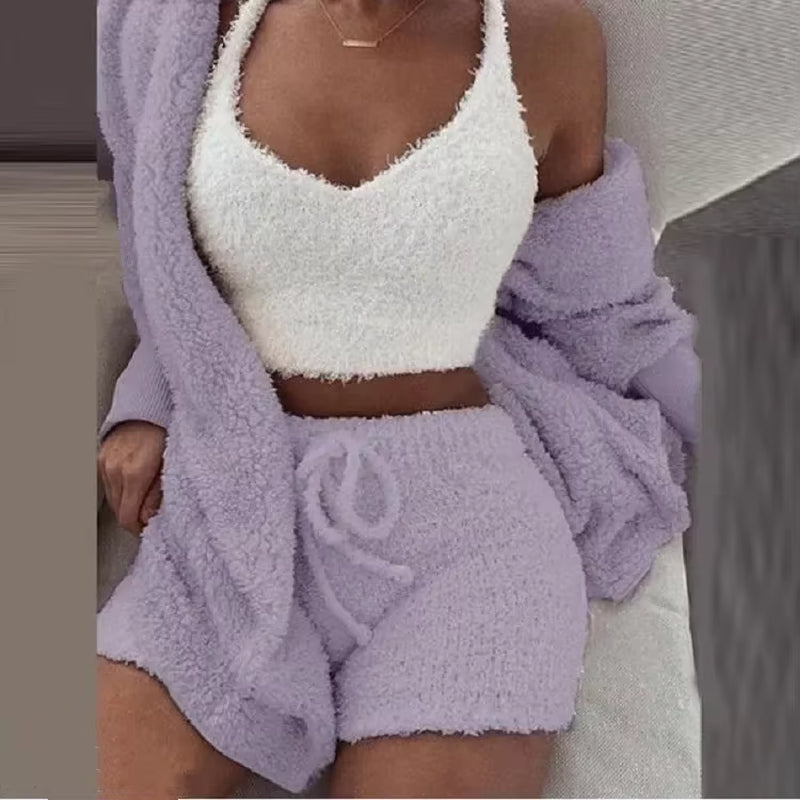 Cozy Knit 3 Pieces Set Fluffy Pajamas Women Casual Sleepwear Tank Top and Shorts plus Size Hoodie Leisure Homsuit Winter Pijamas