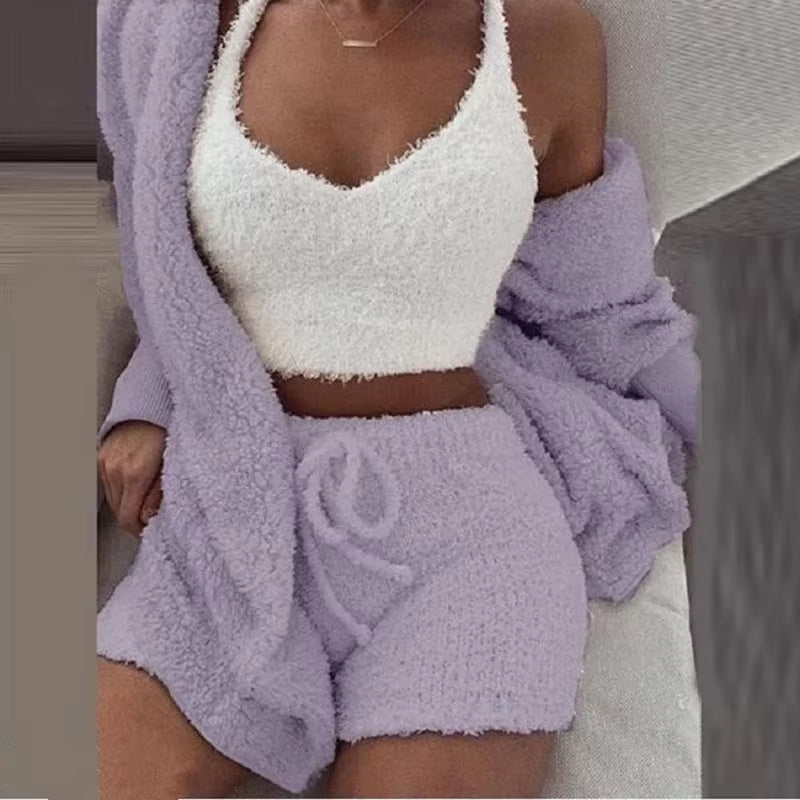 Cozy Knit 3 Pieces Set Fluffy Pajamas Women Casual Sleepwear Tank Top and Shorts plus Size Hoodie Leisure Homsuit Winter Pijamas