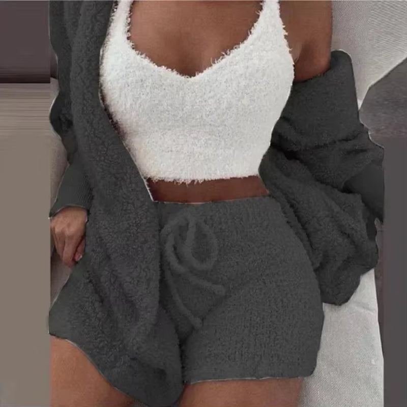 Cozy Knit 3 Pieces Set Fluffy Pajamas Women Casual Sleepwear Tank Top and Shorts plus Size Hoodie Leisure Homsuit Winter Pijamas