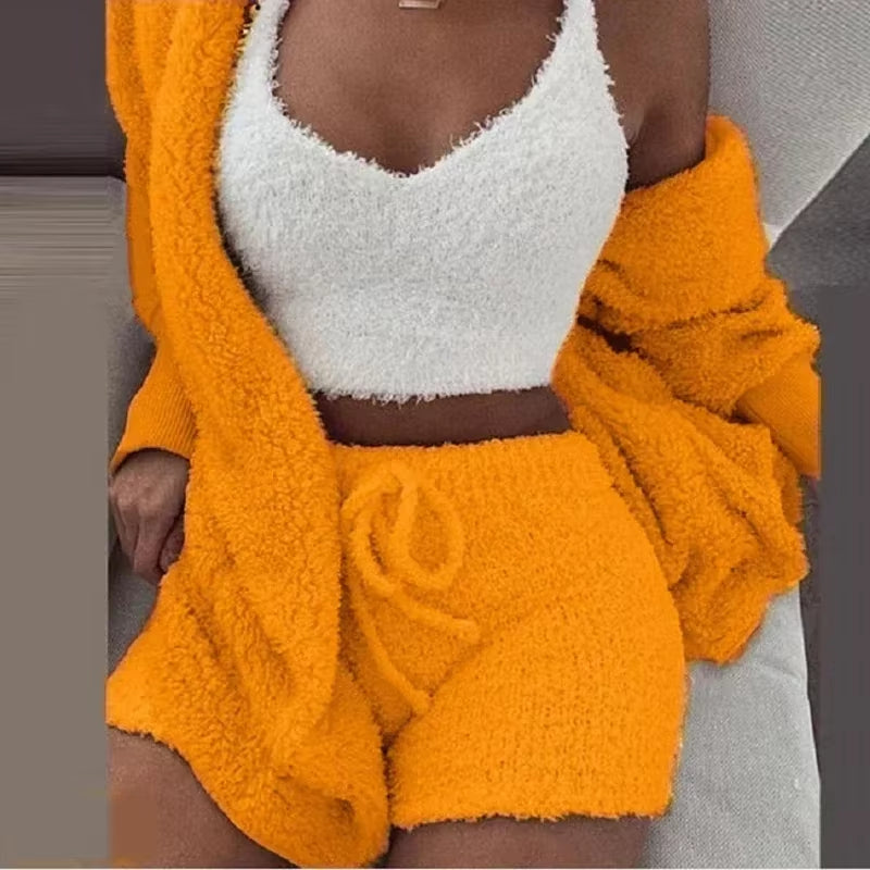 Cozy Knit 3 Pieces Set Fluffy Pajamas Women Casual Sleepwear Tank Top and Shorts plus Size Hoodie Leisure Homsuit Winter Pijamas