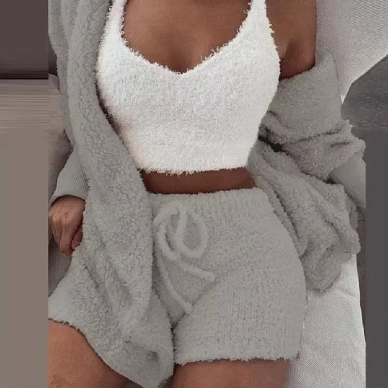 Cozy Knit 3 Pieces Set Fluffy Pajamas Women Casual Sleepwear Tank Top and Shorts plus Size Hoodie Leisure Homsuit Winter Pijamas