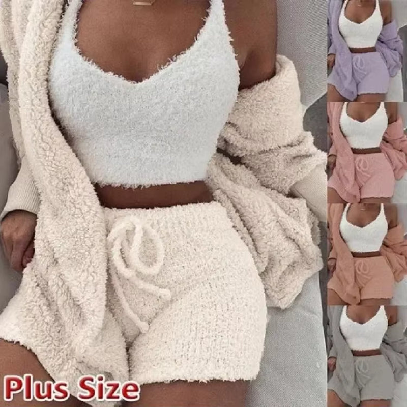 Cozy Knit 3 Pieces Set Fluffy Pajamas Women Casual Sleepwear Tank Top and Shorts plus Size Hoodie Leisure Homsuit Winter Pijamas