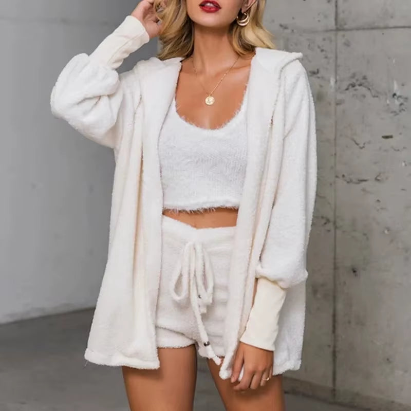 Cozy Knit 3 Pieces Set Fluffy Pajamas Women Casual Sleepwear Tank Top and Shorts plus Size Hoodie Leisure Homsuit Winter Pijamas